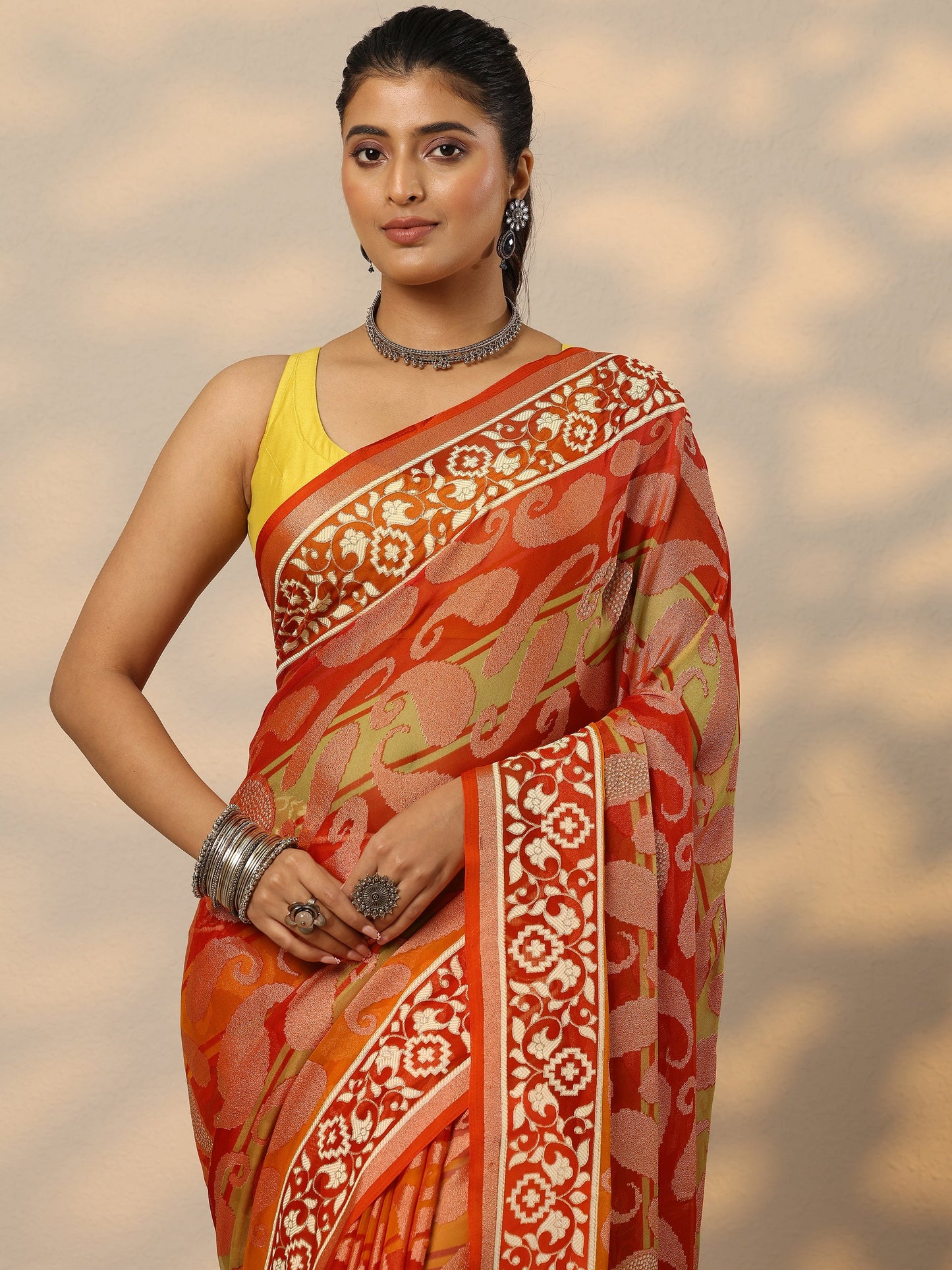 Orange Printed Georgette Saree With Unstitched Blouse Piece