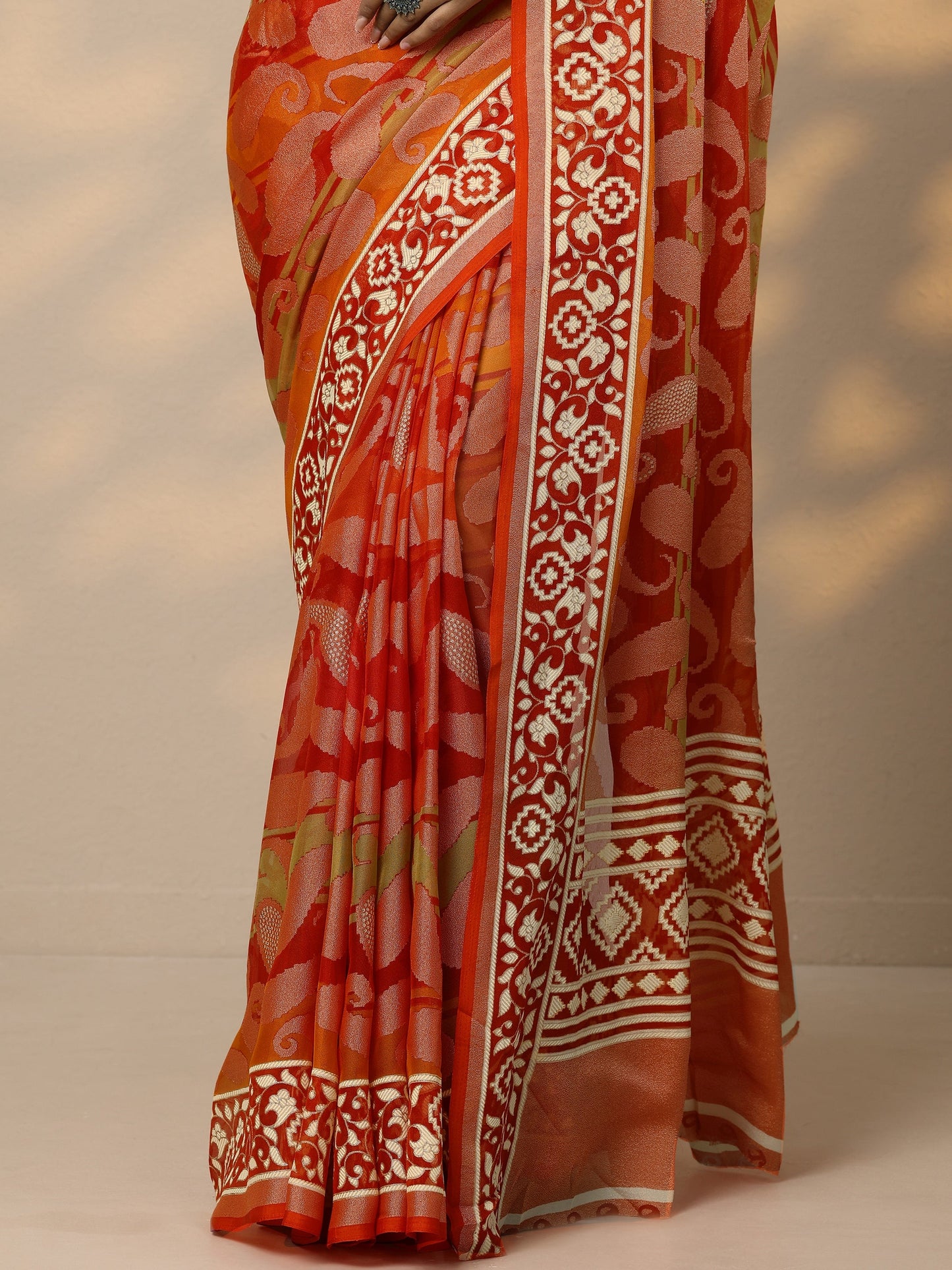 Orange Printed Georgette Saree With Unstitched Blouse Piece
