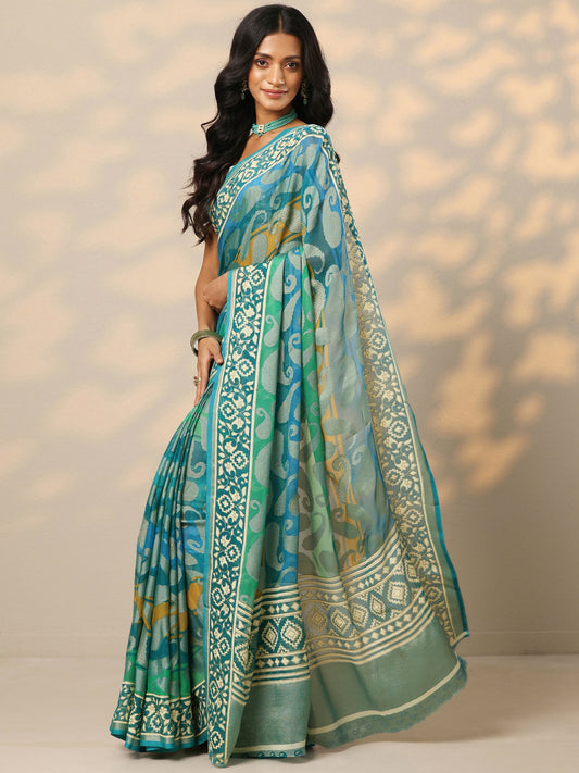 Teal Printed Georgette Saree With Unstitched Blouse Piece