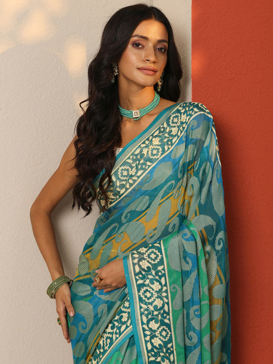 Teal Printed Georgette Saree With Unstitched Blouse Piece