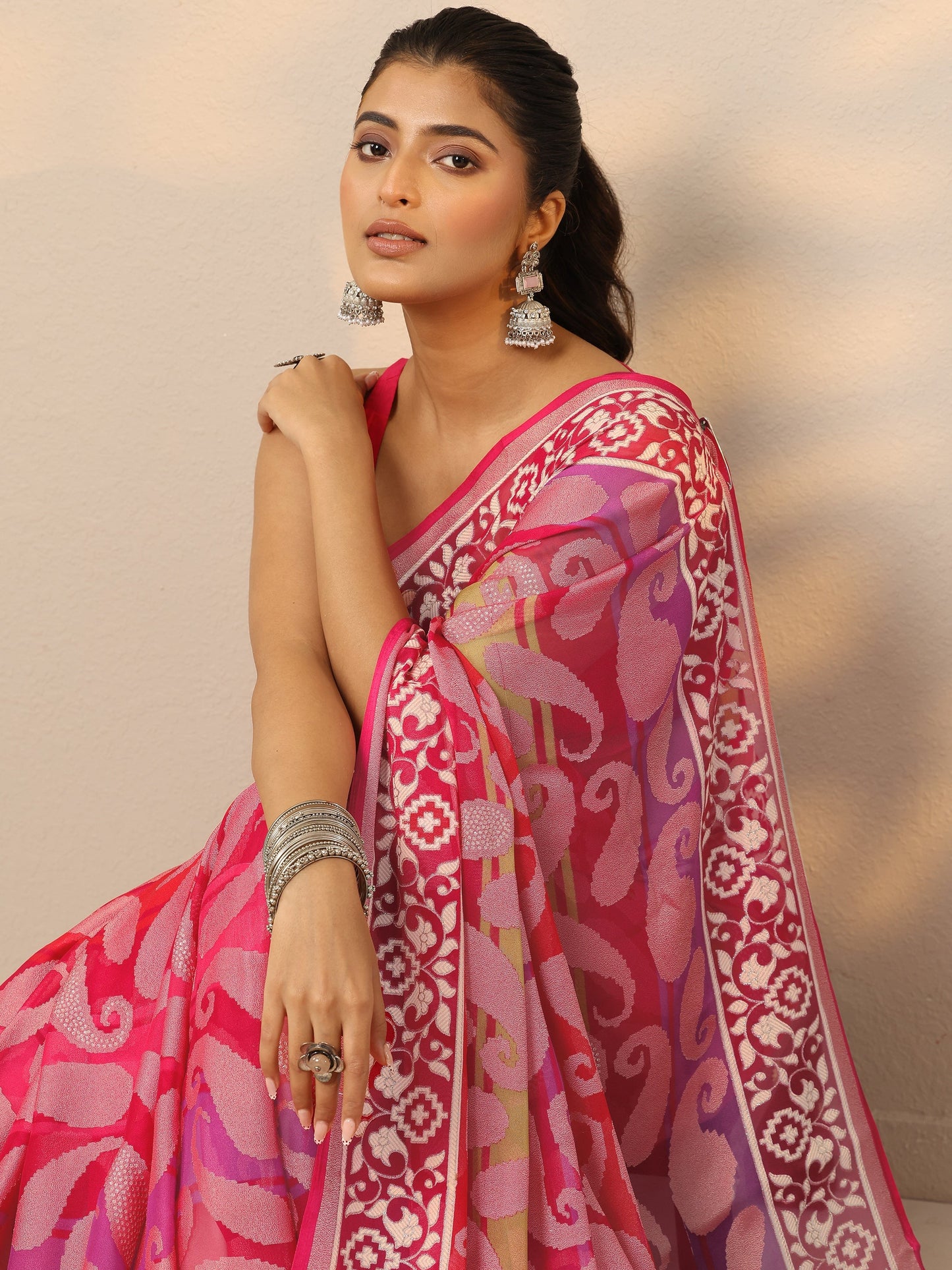 Pink Printed Georgette Saree With Unstitched Blouse Piece