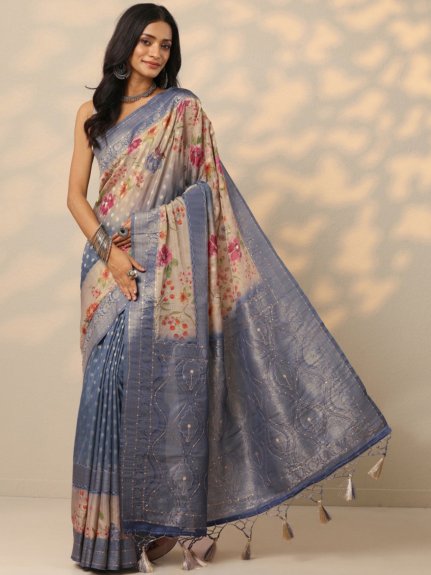 Blue Woven Design Silk Blend Saree With Unstitched Blouse Piece