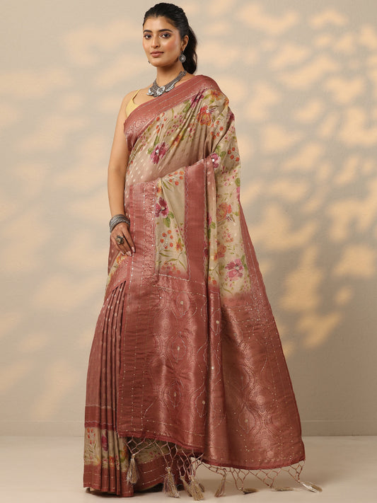 Brown Woven Design Silk Blend Saree With Unstitched Blouse Piece