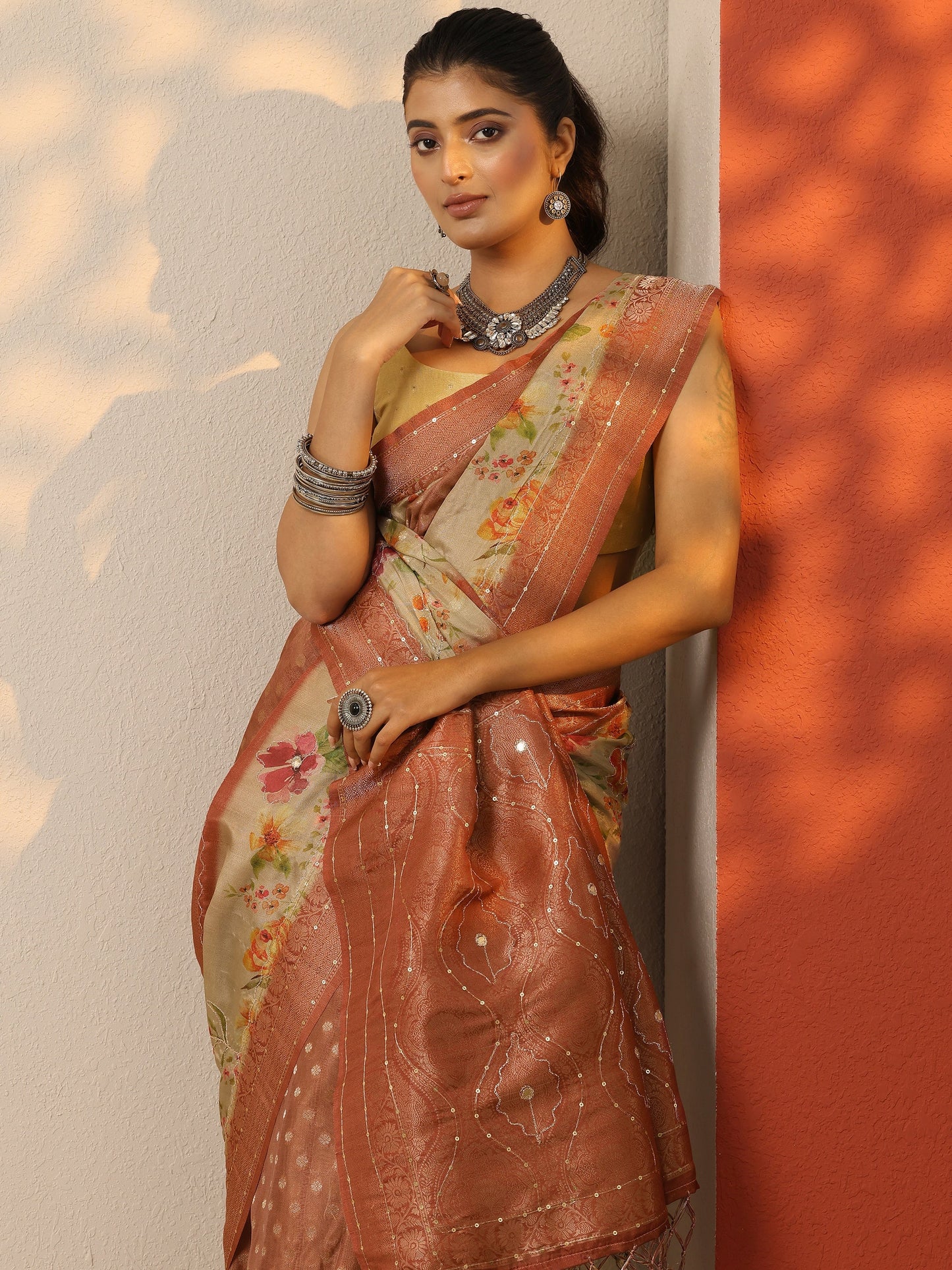 Brown Woven Design Silk Blend Saree With Unstitched Blouse Piece