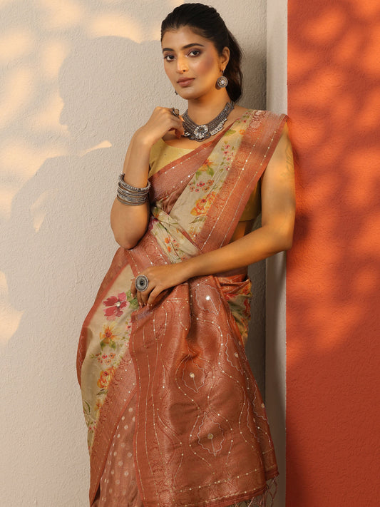 Brown Woven Design Silk Blend Saree With Unstitched Blouse Piece
