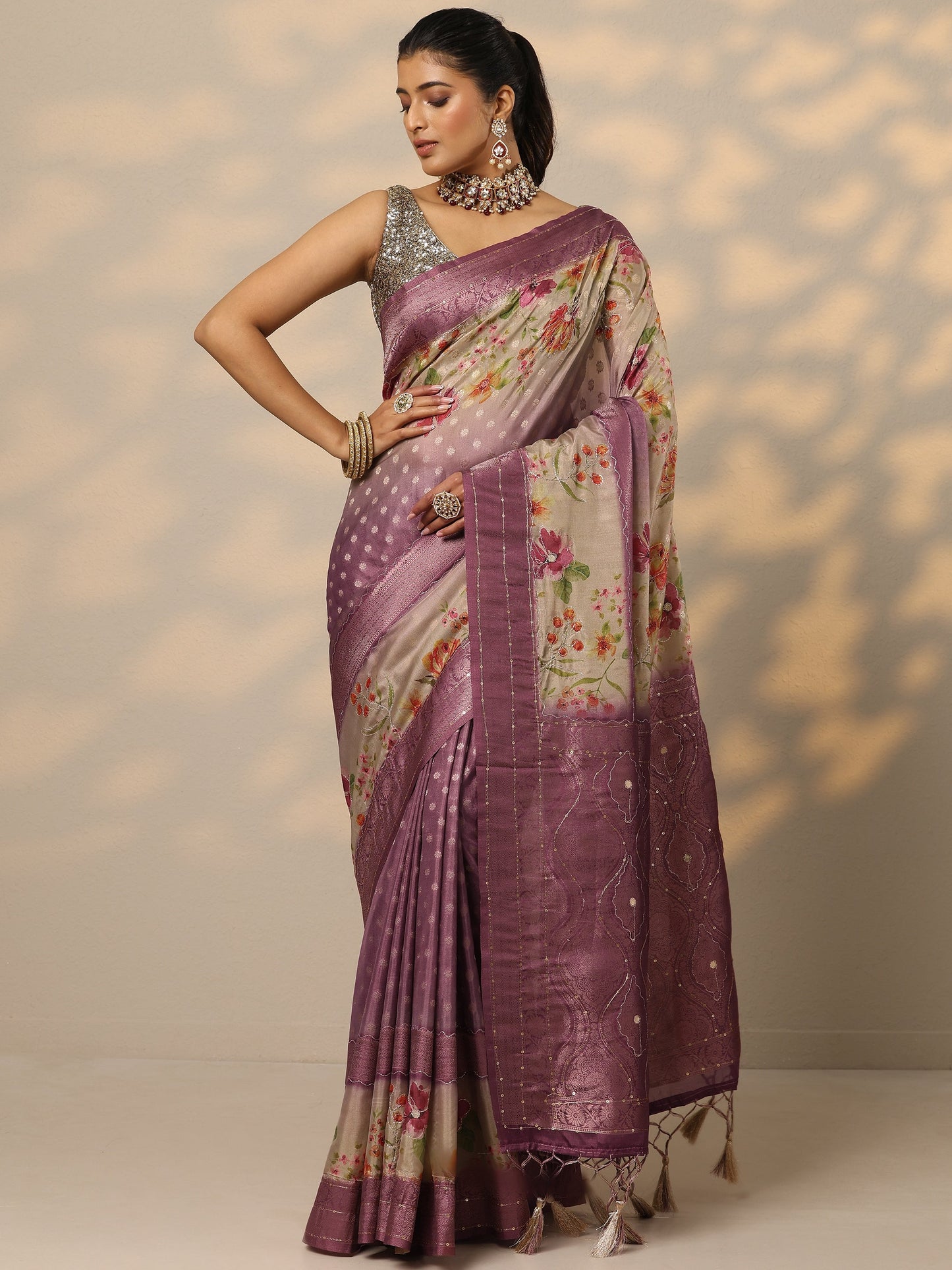 Purple Woven Design Silk Blend Saree With Unstitched Blouse Piece