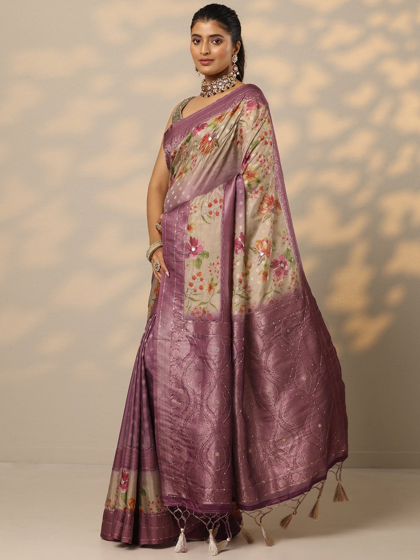 Purple Woven Design Silk Blend Saree With Unstitched Blouse Piece