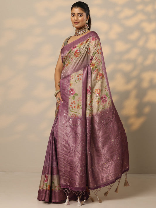 Purple Woven Design Silk Blend Saree With Unstitched Blouse Piece