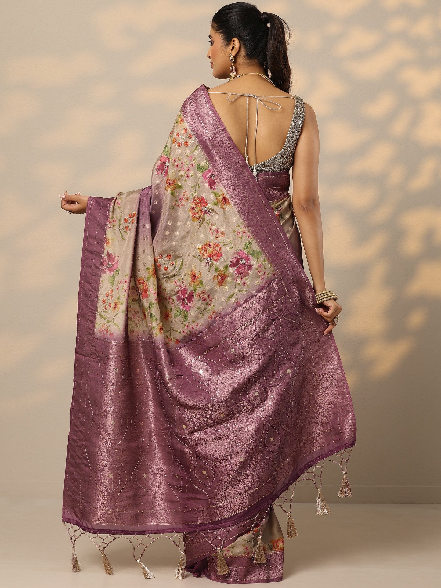 Purple Woven Design Silk Blend Saree With Unstitched Blouse Piece