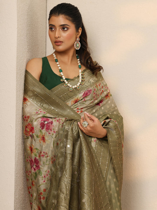 Green Woven Design Silk Blend Saree With Unstitched Blouse Piece
