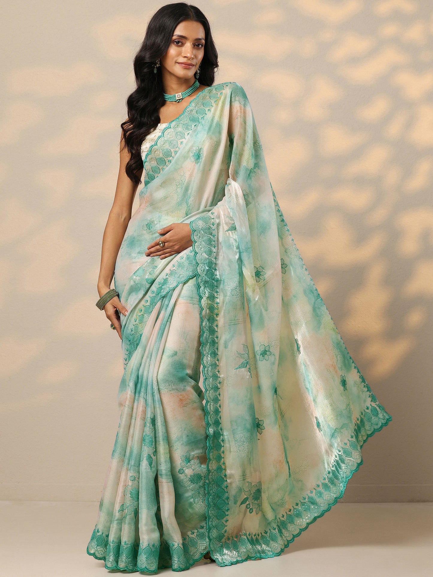 Turquoise Blue Embroidered Organza Saree With Unstitched Blouse Piece