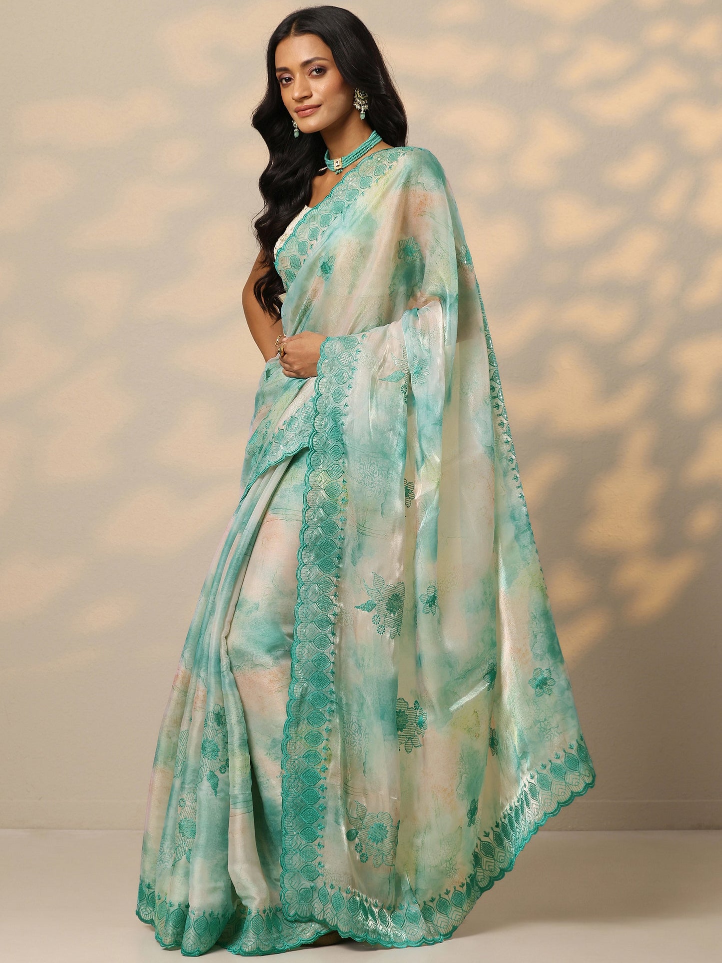 Turquoise Blue Embroidered Organza Saree With Unstitched Blouse Piece