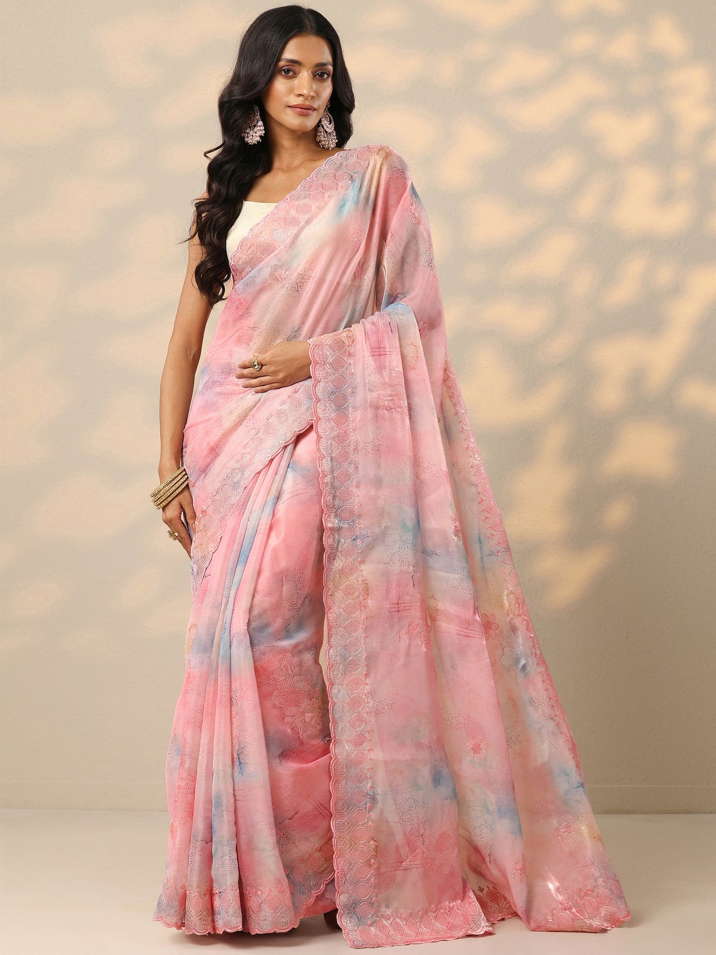 Pink Embroidered Organza Saree With Unstitched Blouse Piece