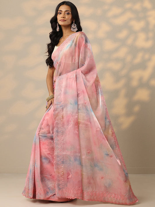 Pink Embroidered Organza Saree With Unstitched Blouse Piece
