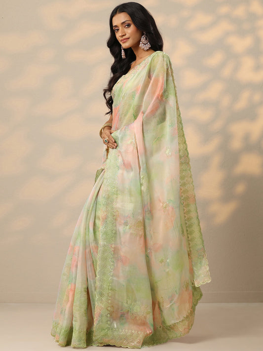 Green Embroidered Organza Saree With Unstitched Blouse Piece
