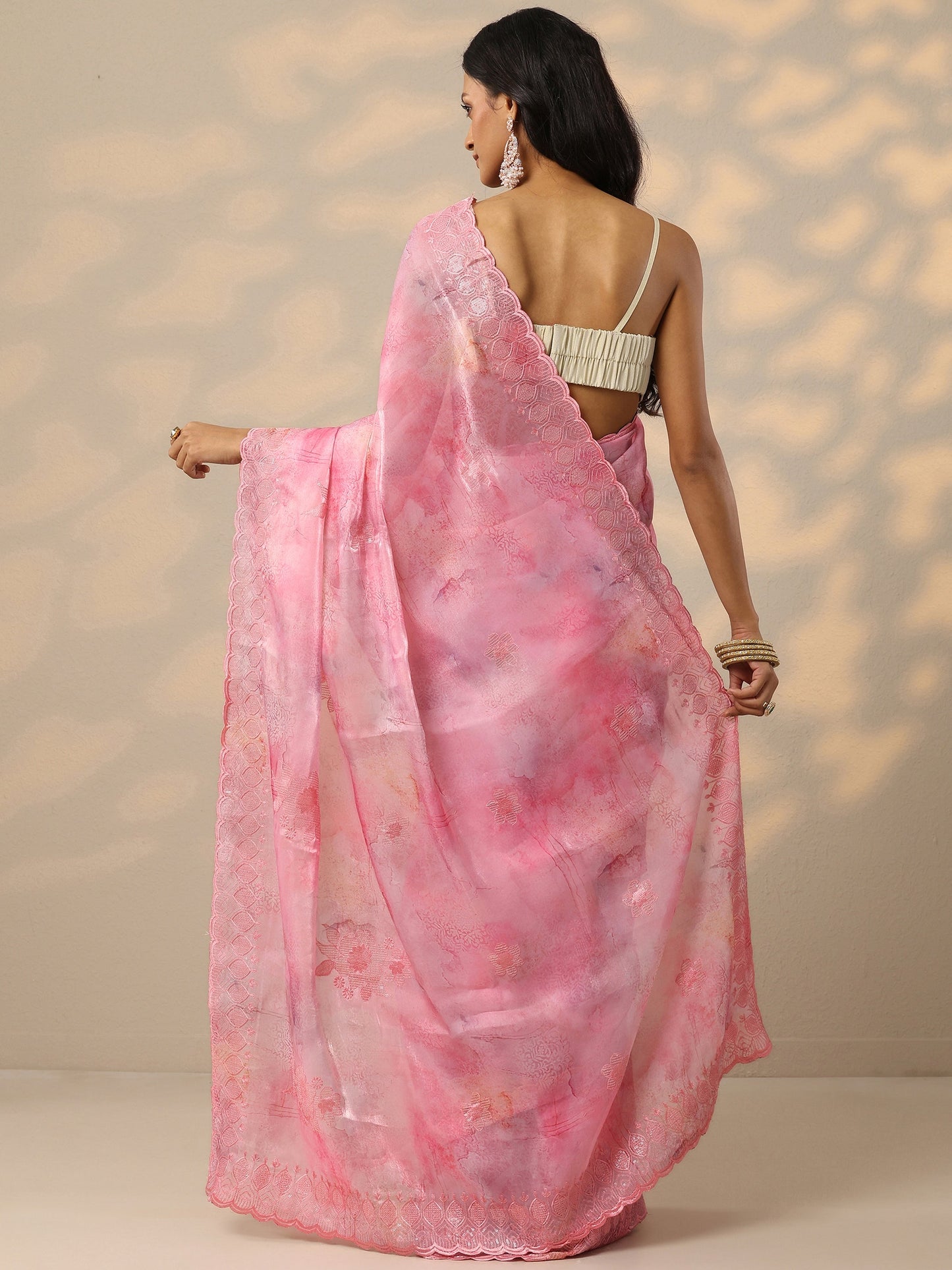 Pink Embroidered Organza Saree With Unstitched Blouse Piece