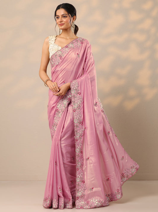 Pink Printed Georgette Sarees With Unstitched Blouse Piece