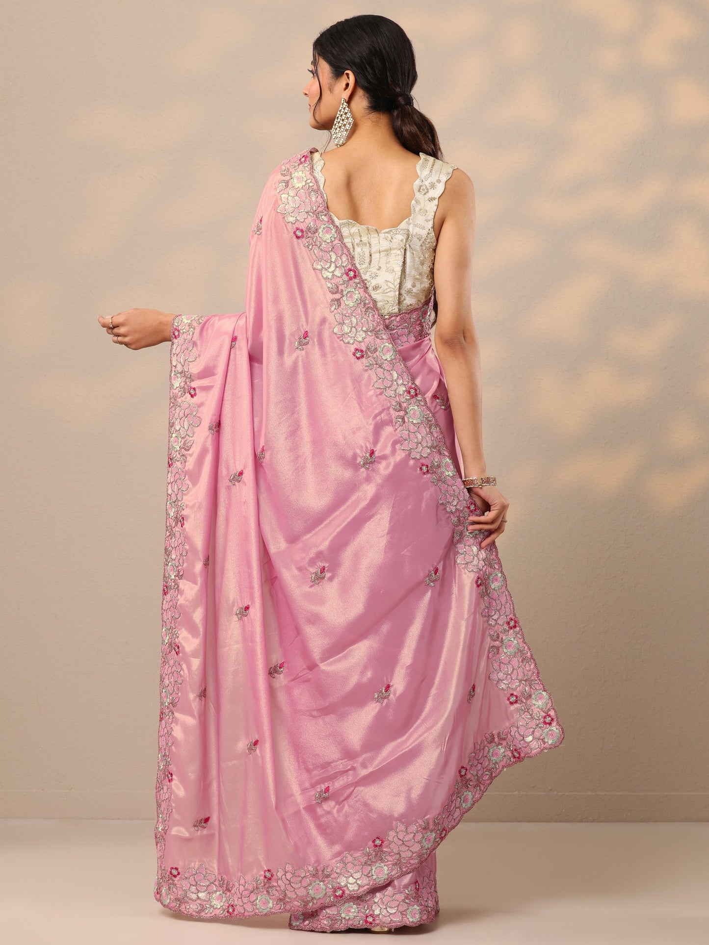 Pink Printed Georgette Sarees With Unstitched Blouse Piece