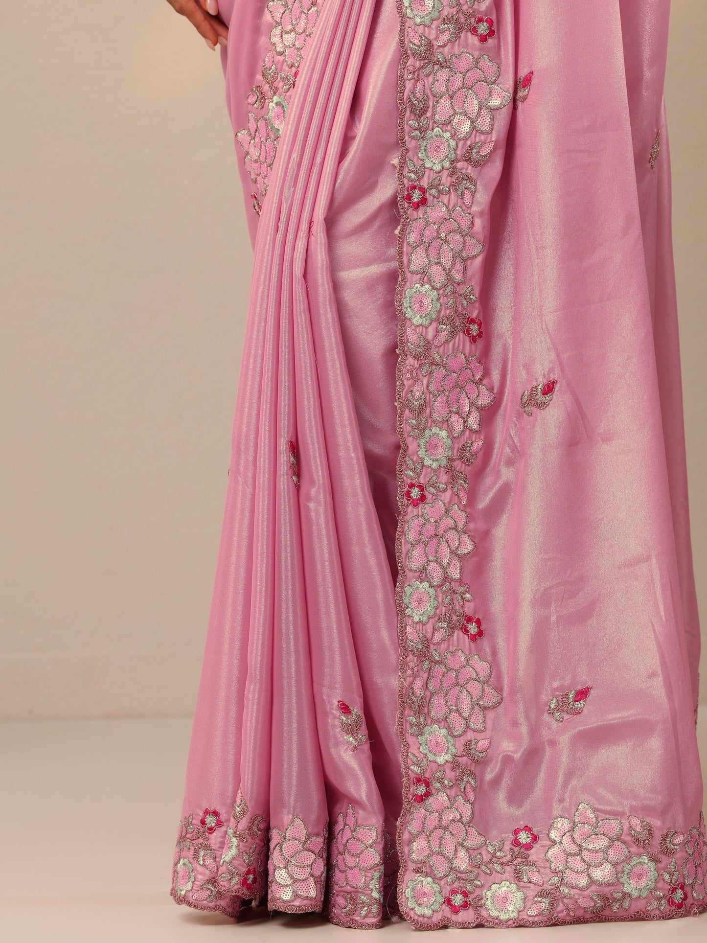 Pink Printed Georgette Sarees With Unstitched Blouse Piece