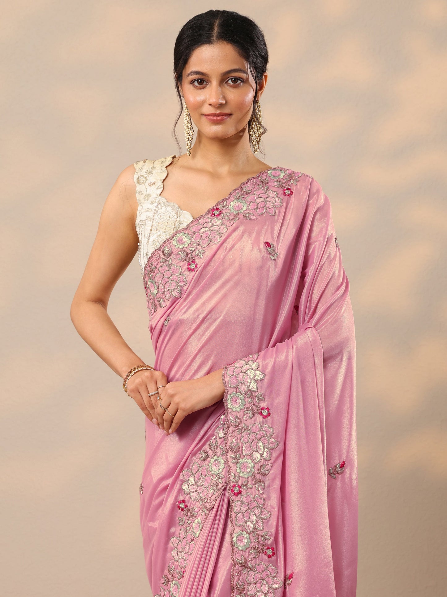 Pink Printed Georgette Sarees With Unstitched Blouse Piece