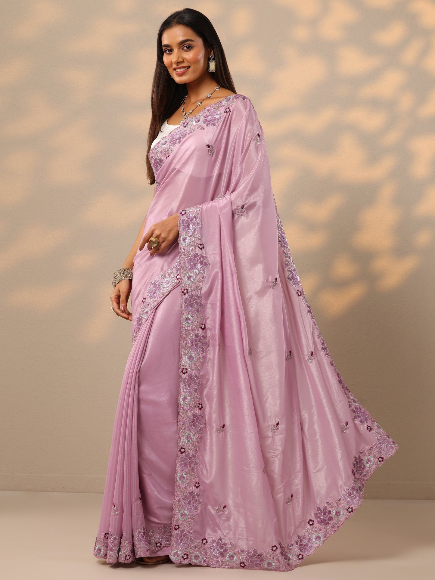 Lavender Embroidered Georgette Saree With Unstitched Blouse Piece