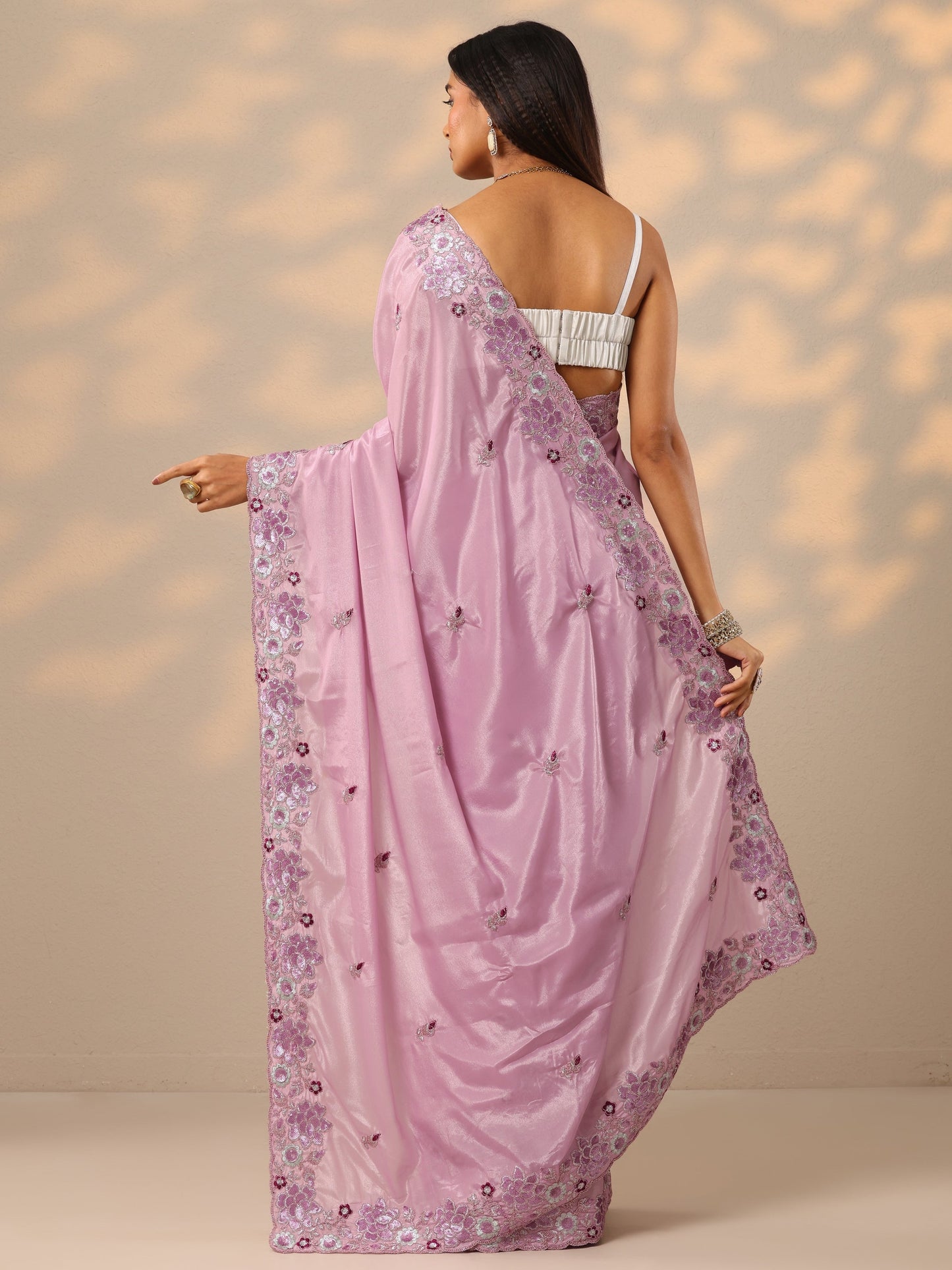 Lavender Embroidered Georgette Saree With Unstitched Blouse Piece