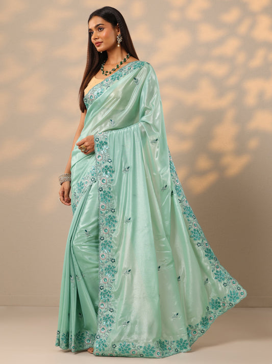 Blue Embroidered Georgette Saree With Unstitched Blouse Piece