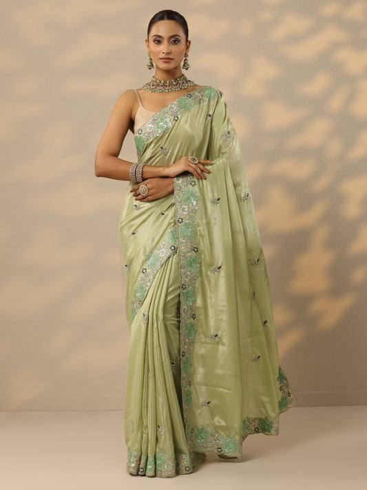 Green Embellished Georgette Saree With Unstitched Blouse Piece