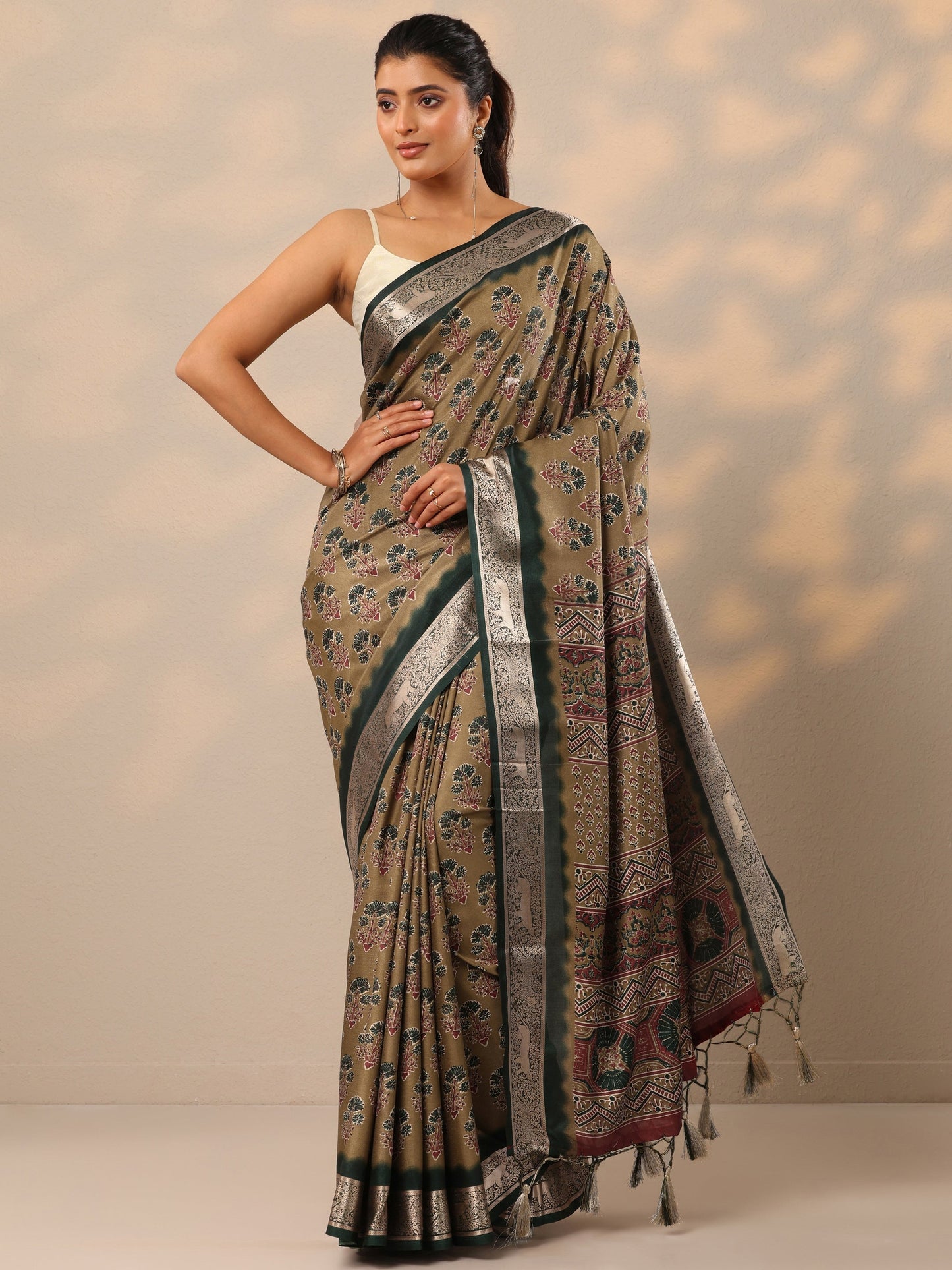 Tan Printed Silk Blend Sarees With Unstitched Blouse Piece