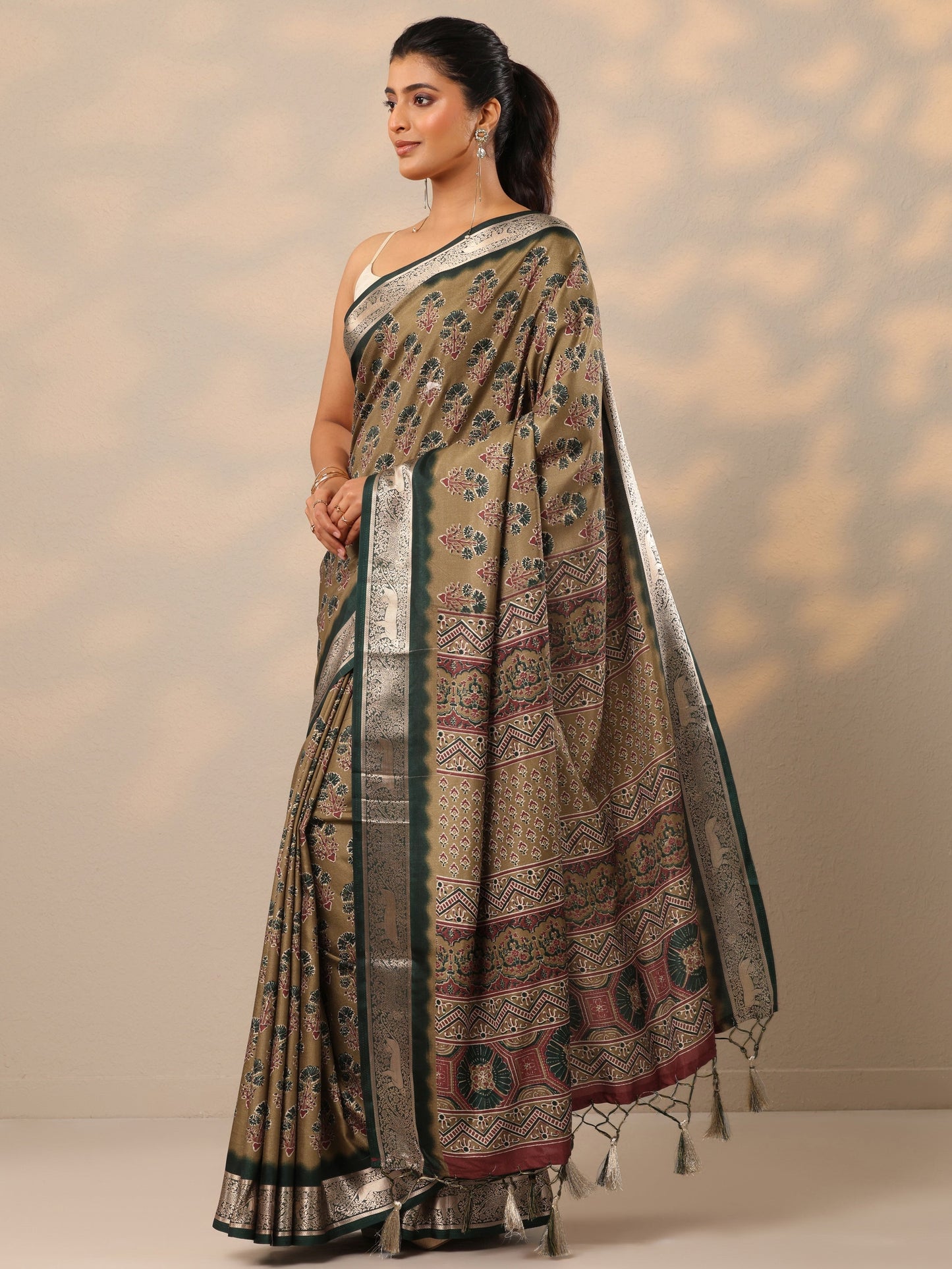 Tan Printed Silk Blend Sarees With Unstitched Blouse Piece