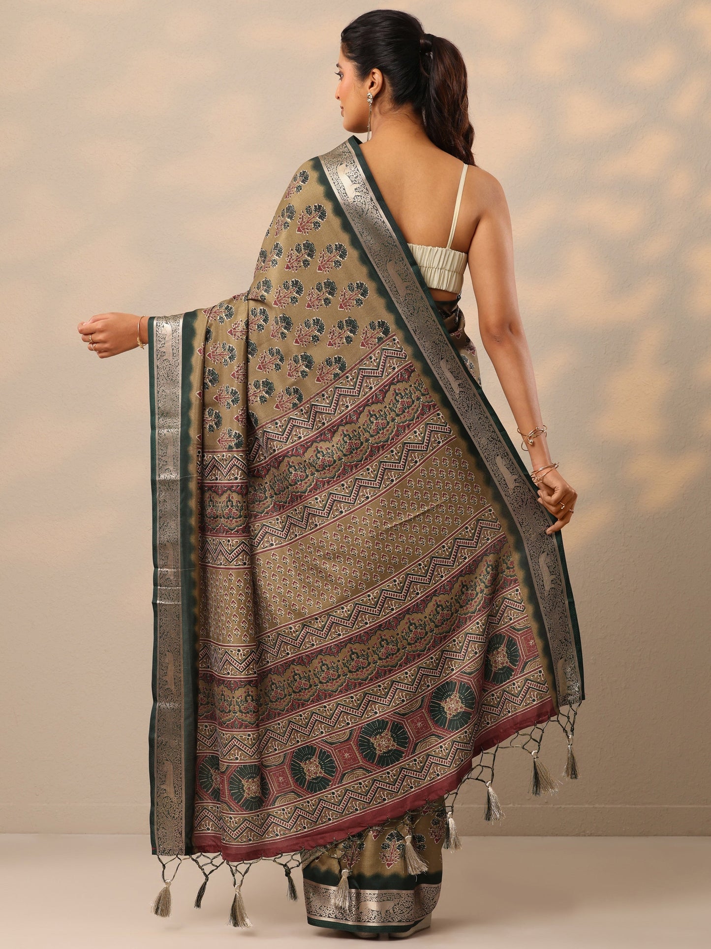 Tan Printed Silk Blend Sarees With Unstitched Blouse Piece