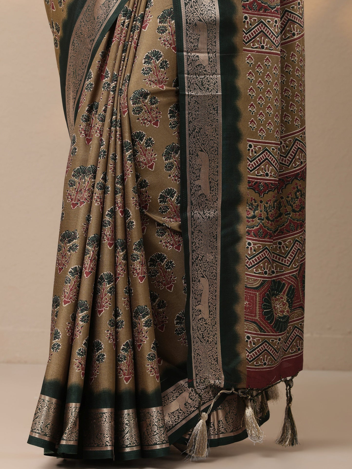 Tan Printed Silk Blend Sarees With Unstitched Blouse Piece