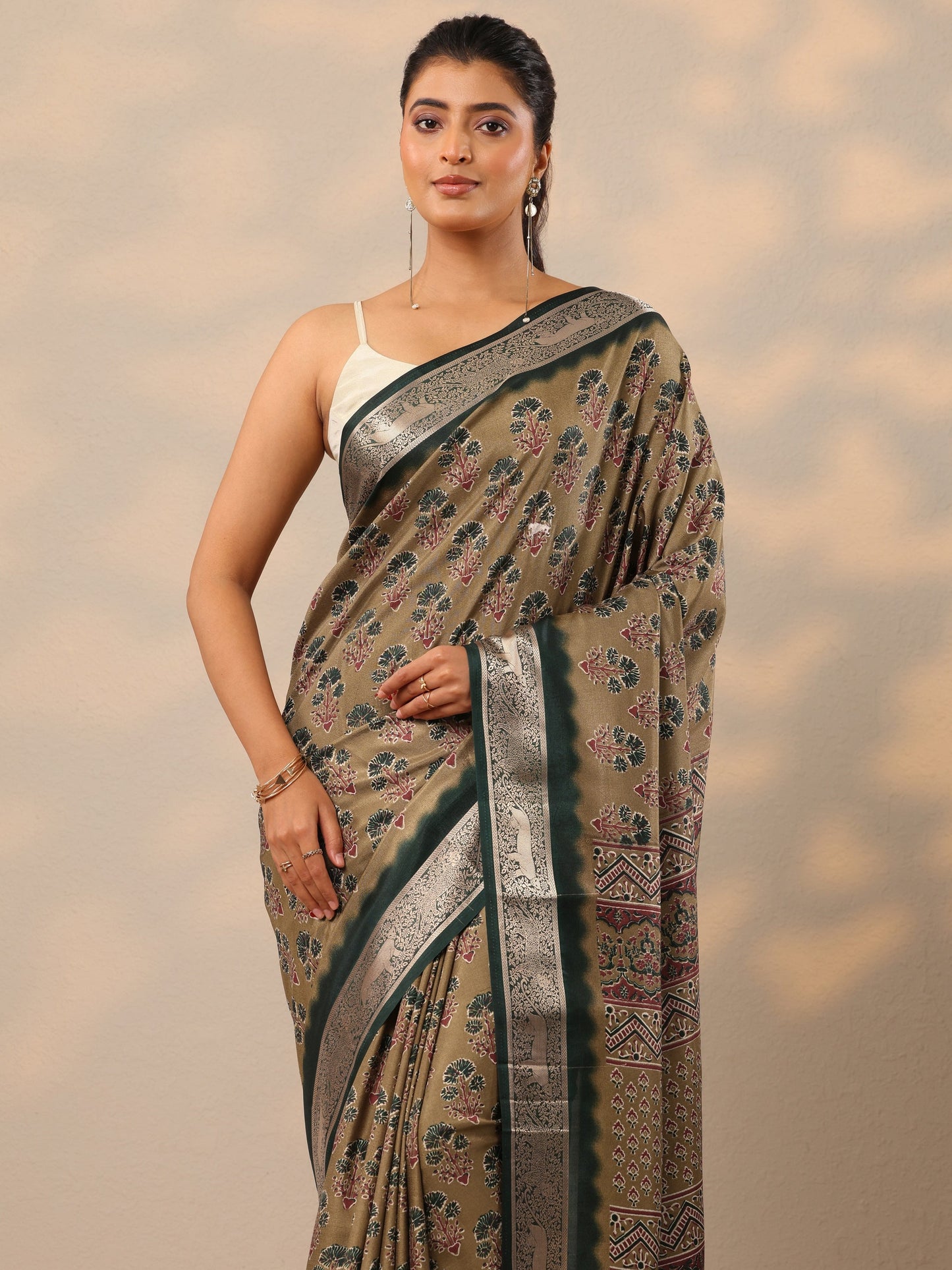Tan Printed Silk Blend Sarees With Unstitched Blouse Piece