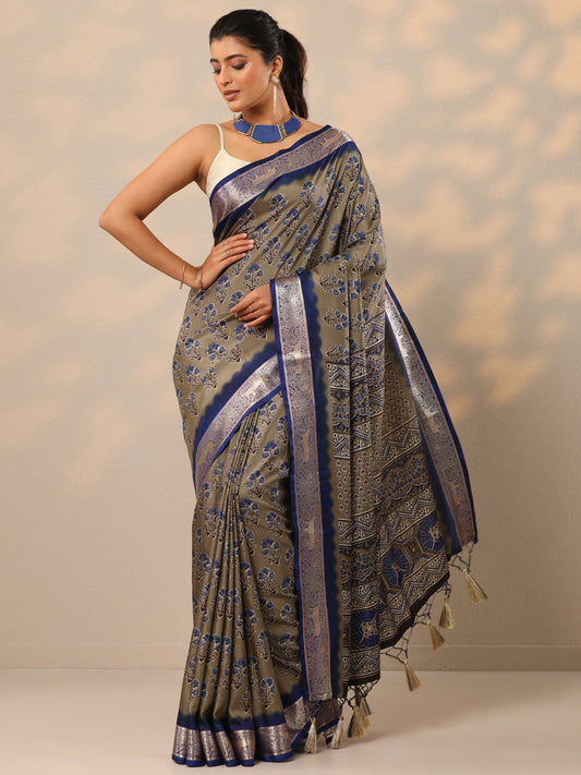 Grey Printed Silk Blend Sarees With Unstitched Blouse Piece