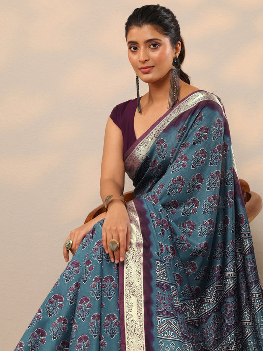 Teal Printed Silk Blend Sarees With Unstitched Blouse Piece