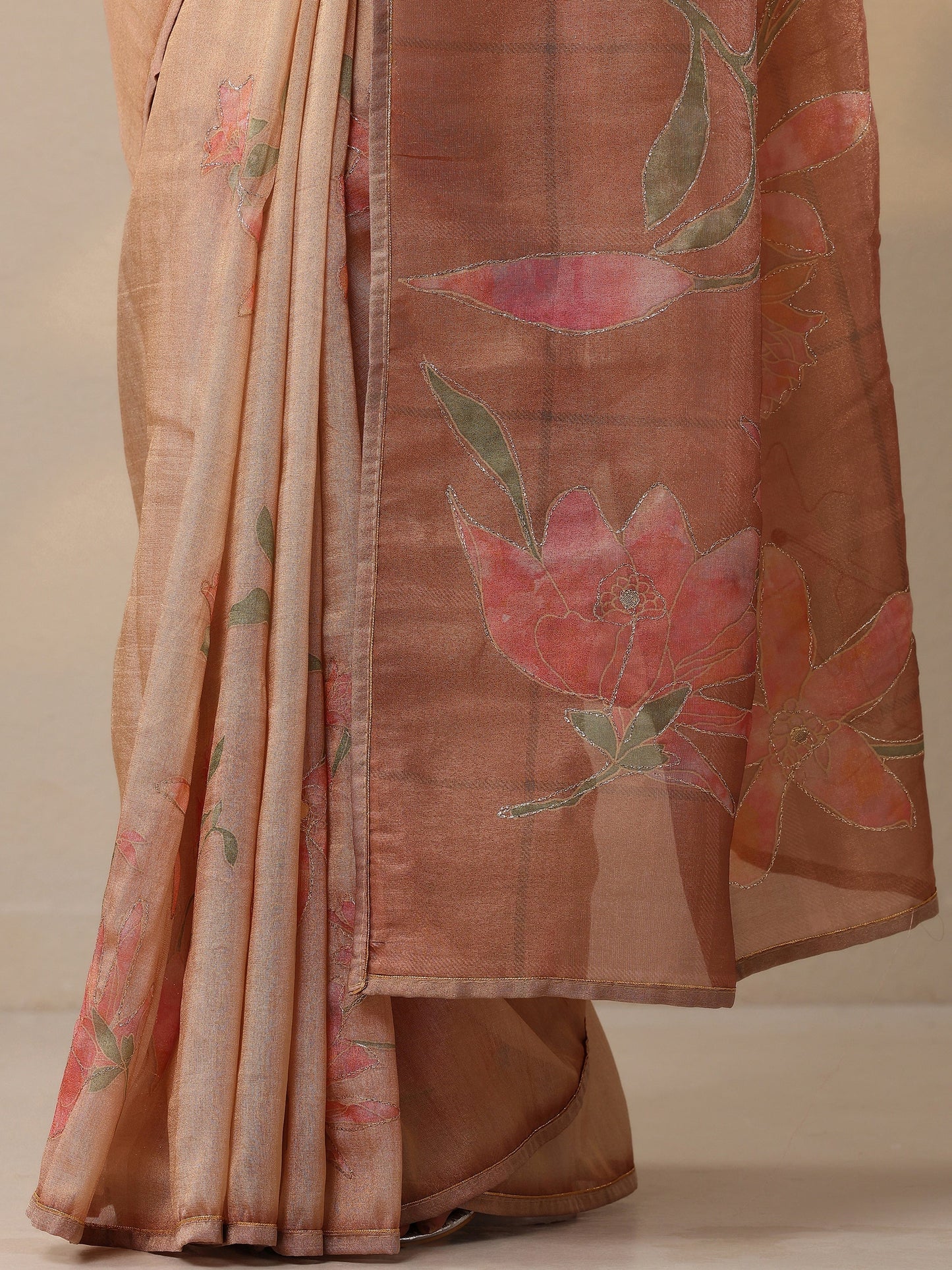 Peach Printed Silk Blend Sarees With Unstitched Blouse Piece