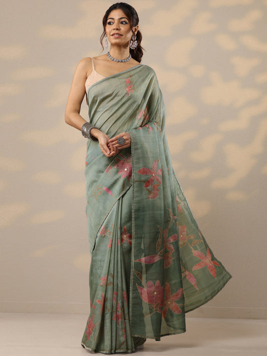 Green Printed Silk Blend Sarees With Unstitched Blouse Piece