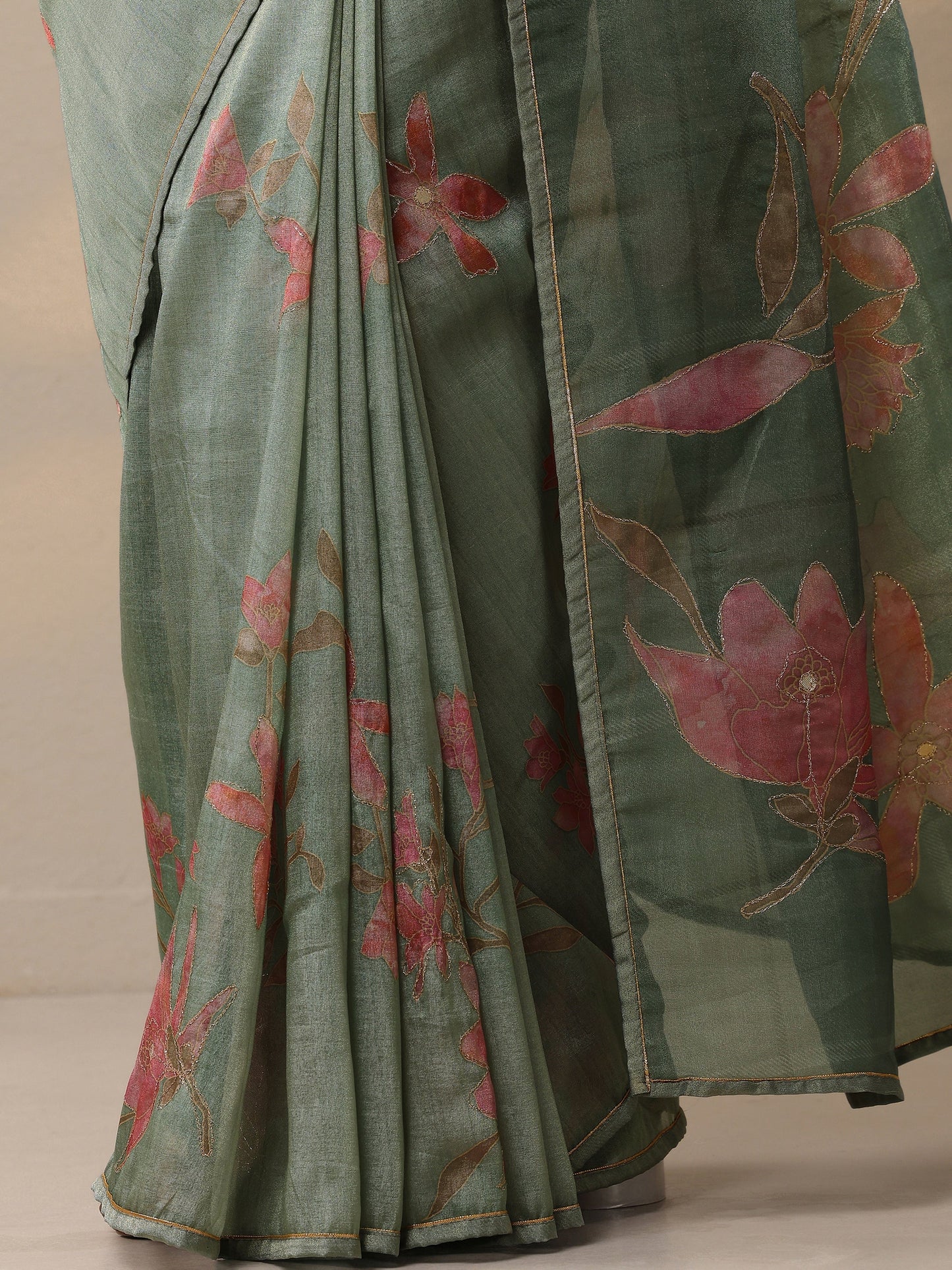 Green Printed Silk Blend Sarees With Unstitched Blouse Piece