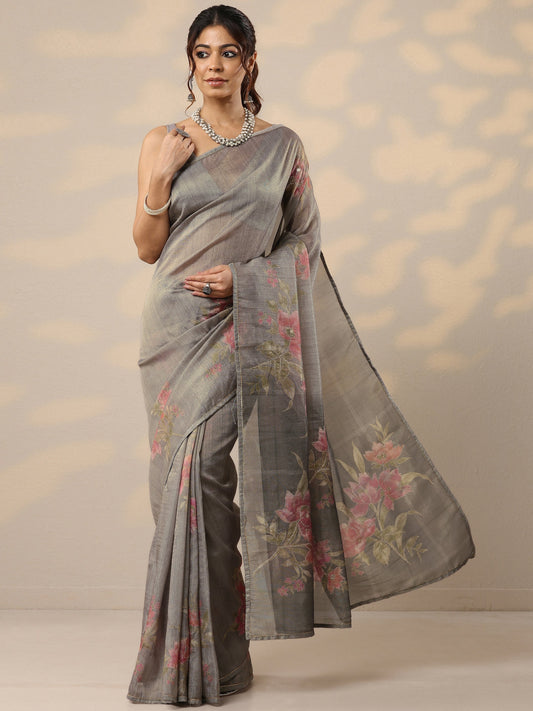 Grey Printed Silk Blend Sarees With Unstitched Blouse Piece