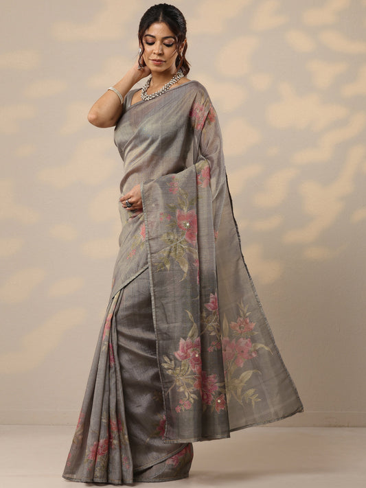 Grey Printed Silk Blend Sarees With Unstitched Blouse Piece