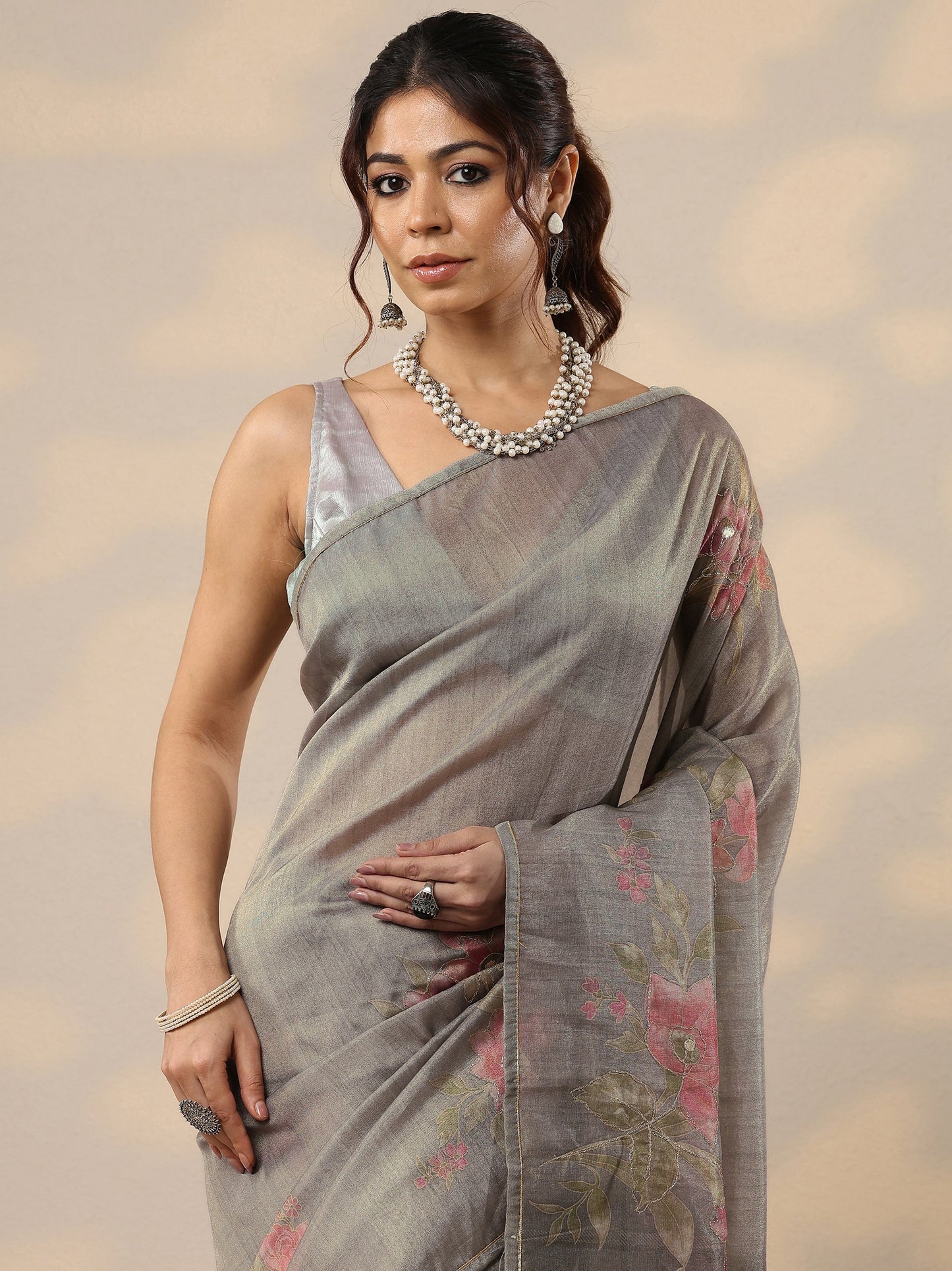 Grey Printed Silk Blend Sarees With Unstitched Blouse Piece