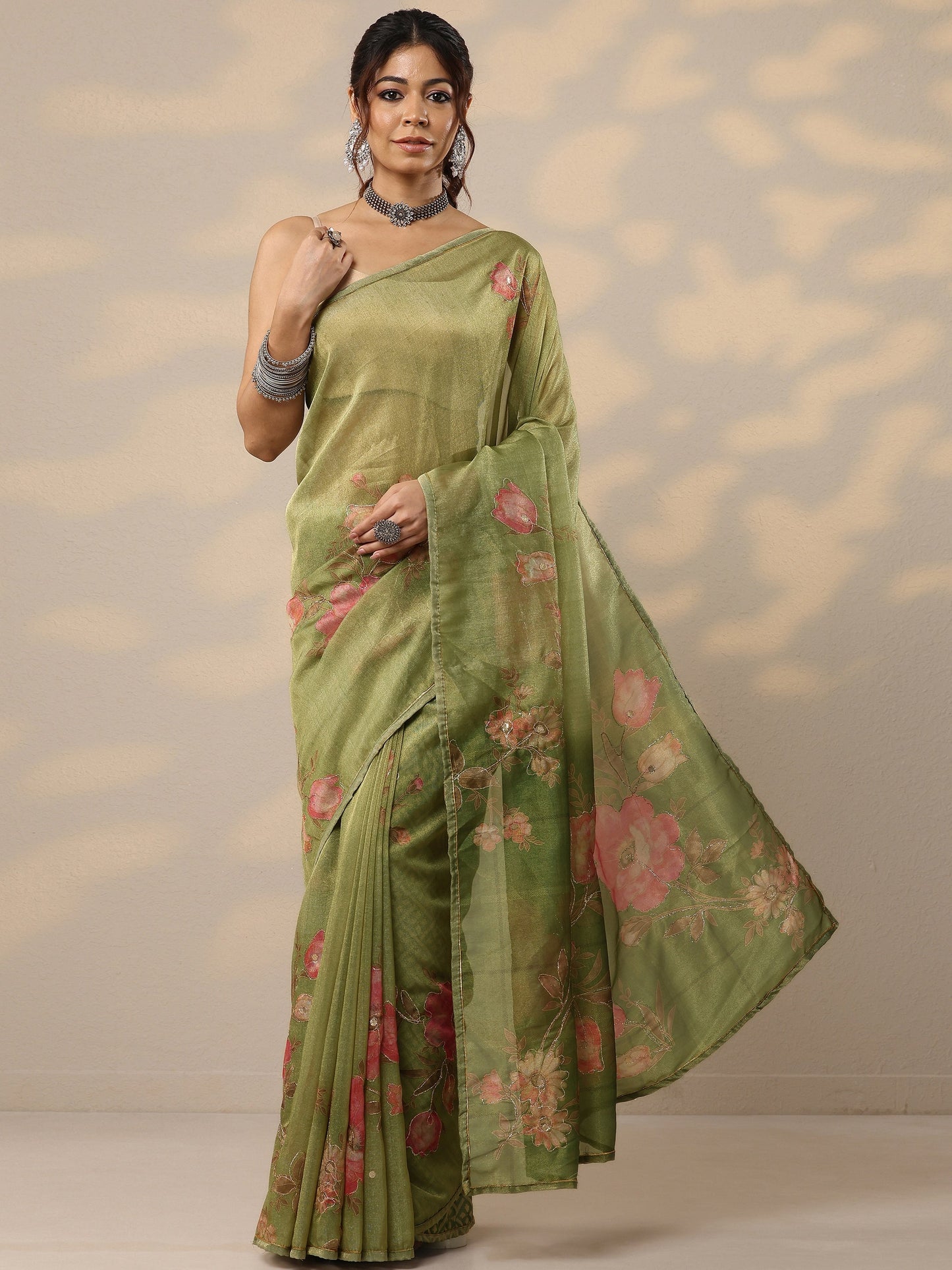 Green Printed Silk Blend Sarees With Unstitched Blouse Piece