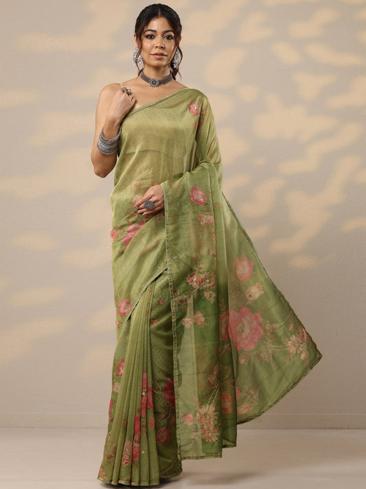 Green Printed Silk Blend Sarees With Unstitched Blouse Piece