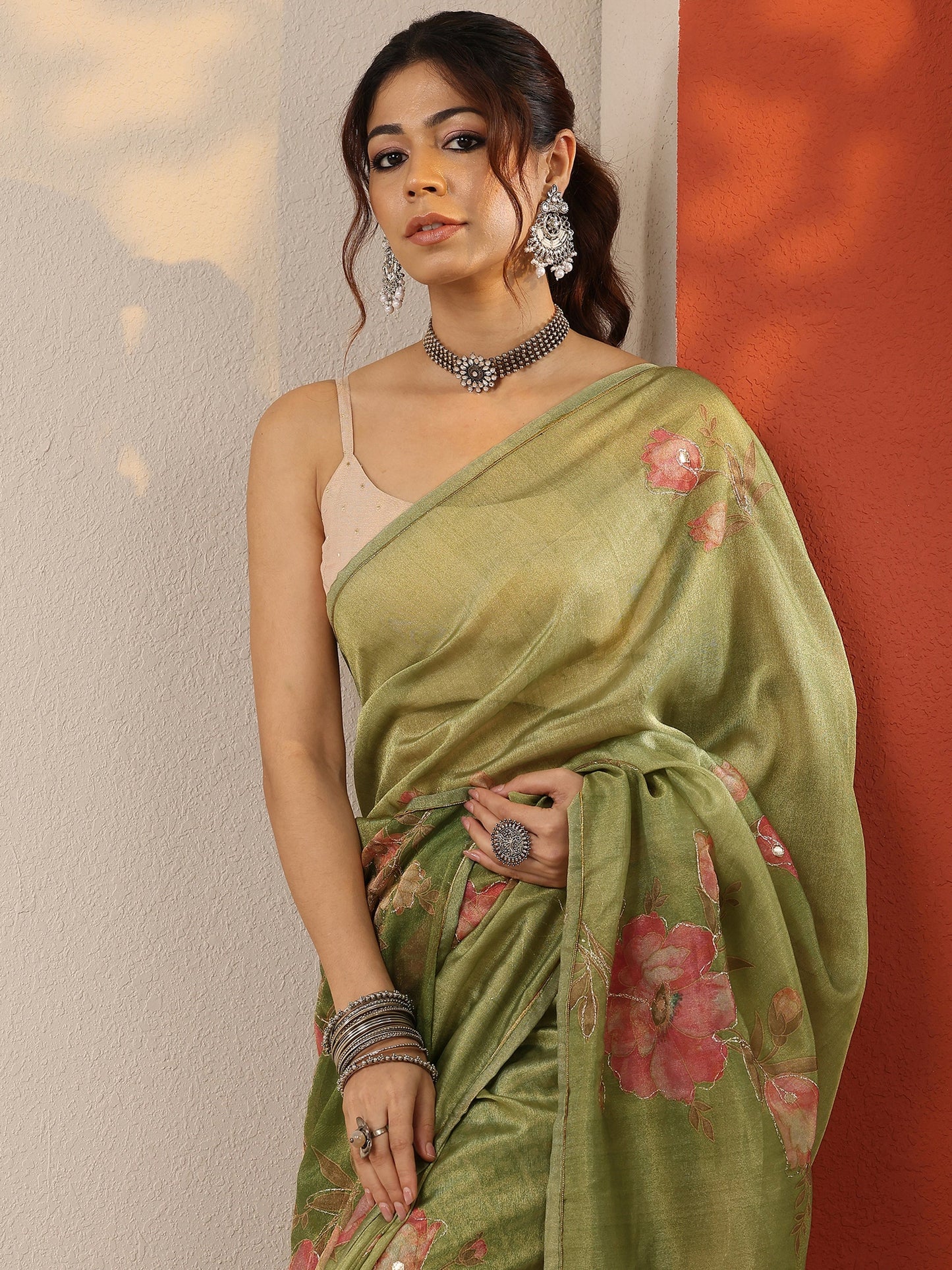 Green Printed Silk Blend Sarees With Unstitched Blouse Piece