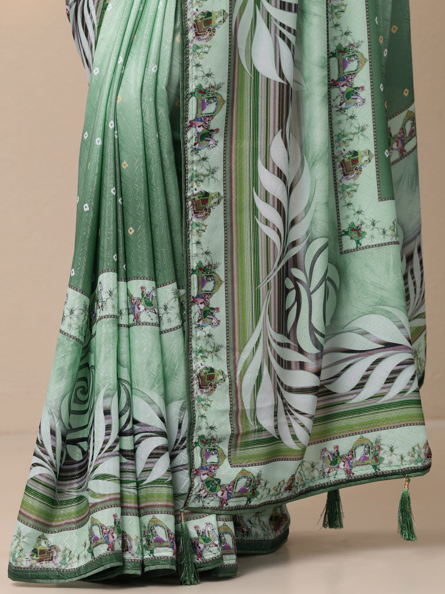 Green Printed Silk Blend Sarees With Unstitched Blouse Piece