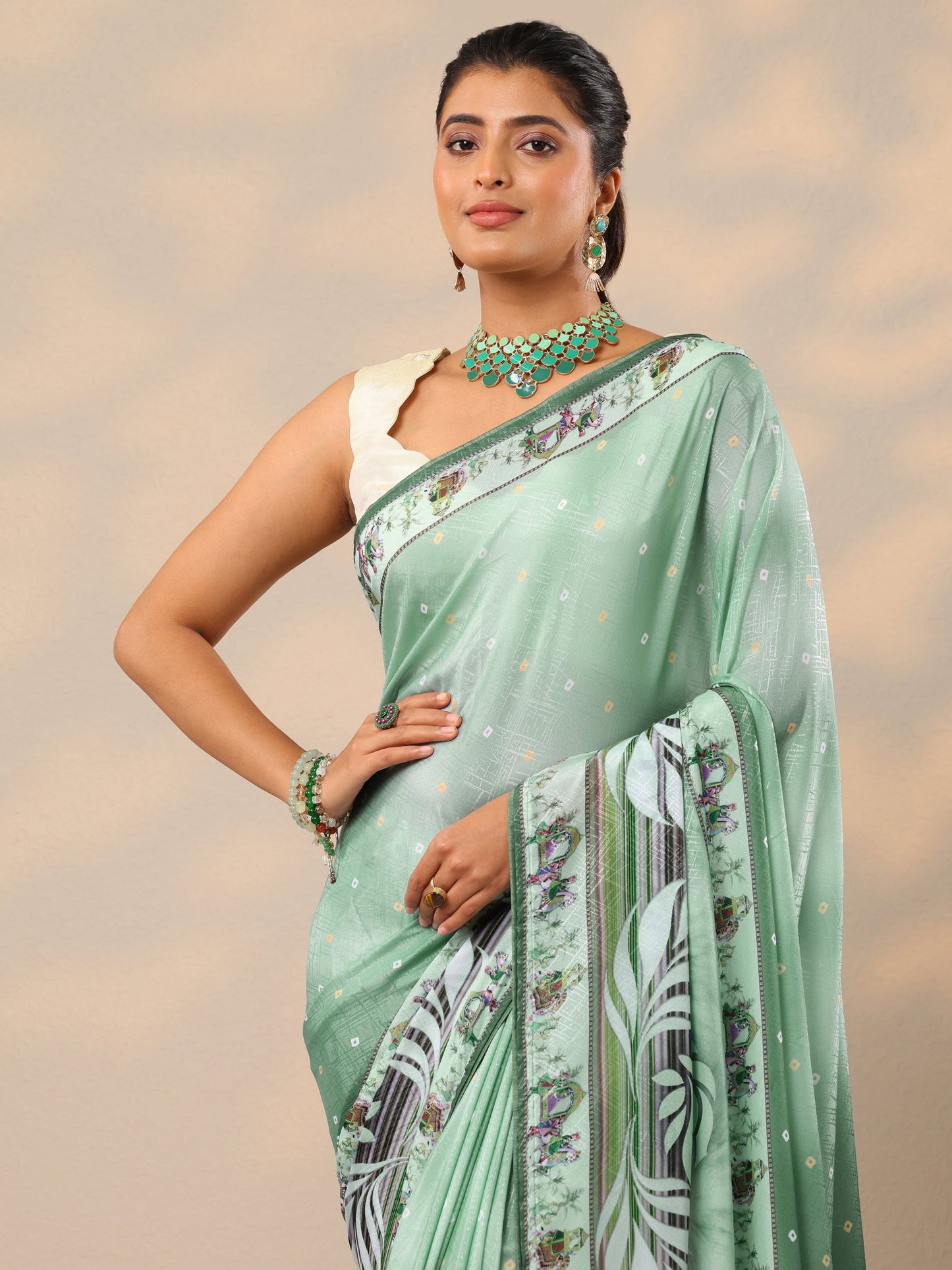 Green Printed Silk Blend Sarees With Unstitched Blouse Piece
