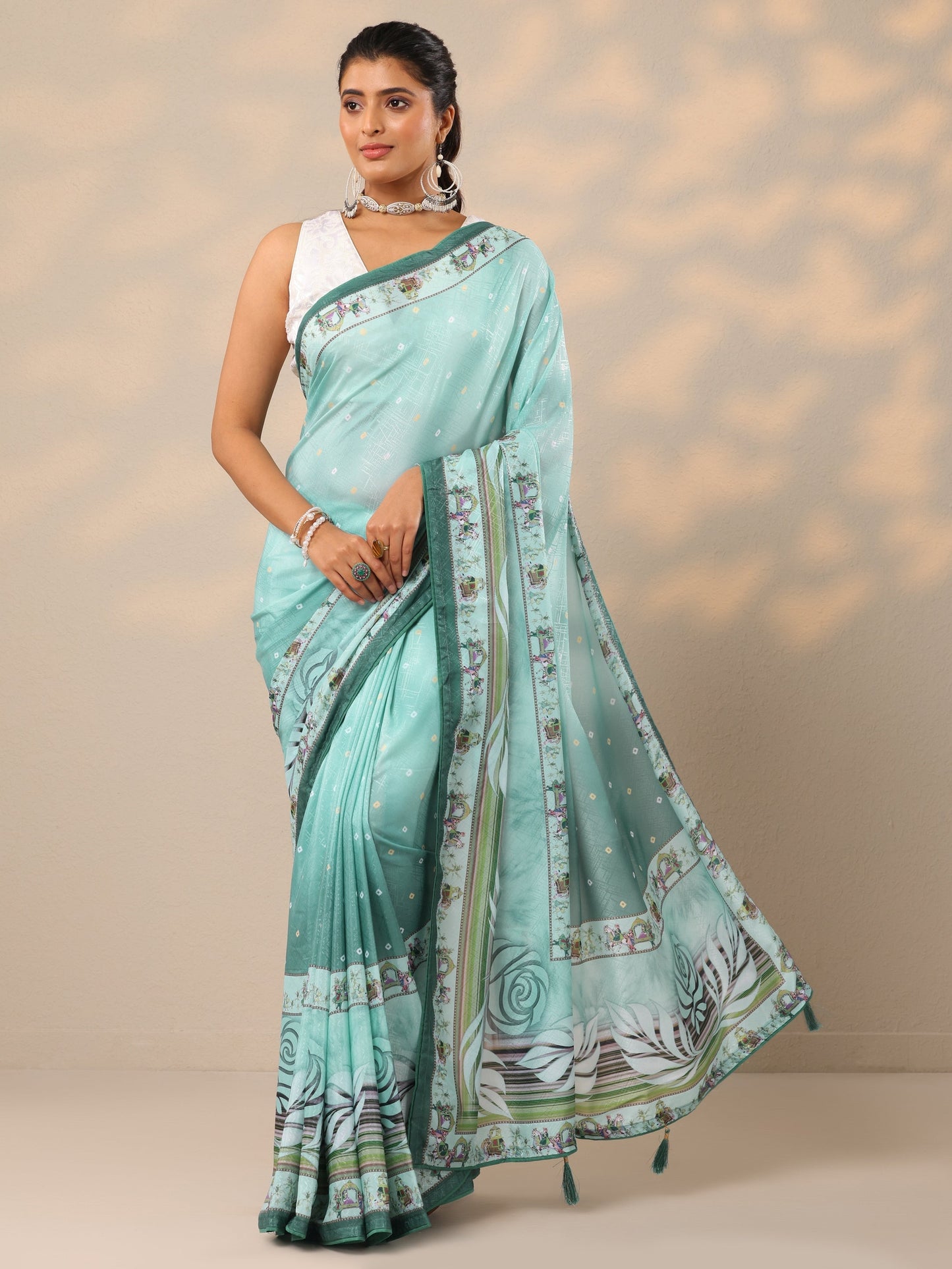 Blue Printed Silk Blend Sarees With Unstitched Blouse Piece