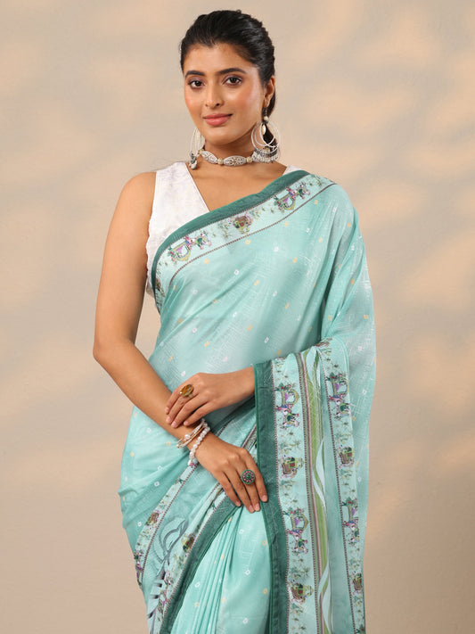 Blue Printed Silk Blend Sarees With Unstitched Blouse Piece