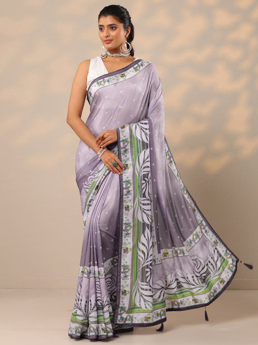 Lavender Printed Silk Blend Sarees With Unstitched Blouse Piece