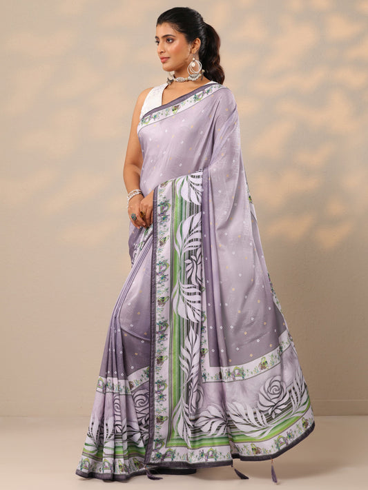 Lavender Printed Silk Blend Sarees With Unstitched Blouse Piece